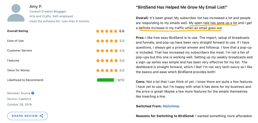 birdsend’s deliverability as reviewed by this user