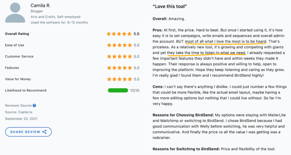 BirdSend customer service review