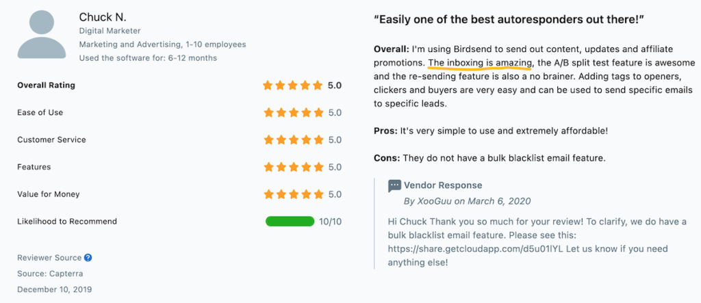 review from BirdSend user about email open rates