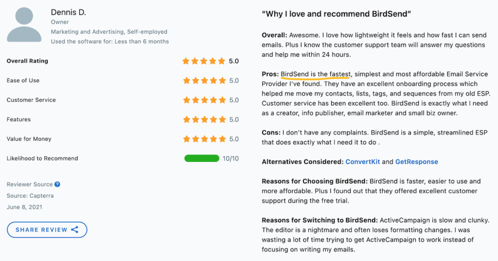another customer review of how lightweight the email tool is