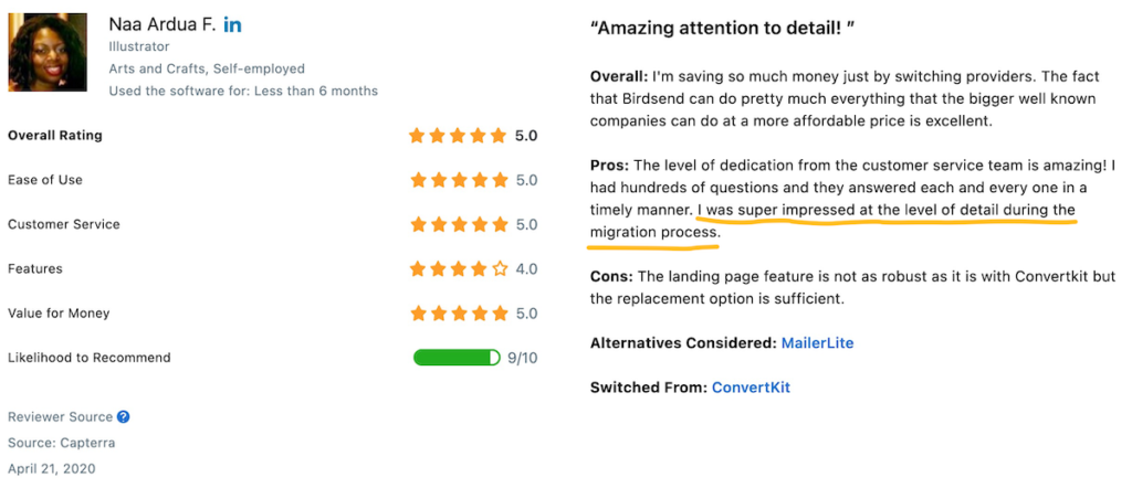 review about birdsend email marketing tool migration service
