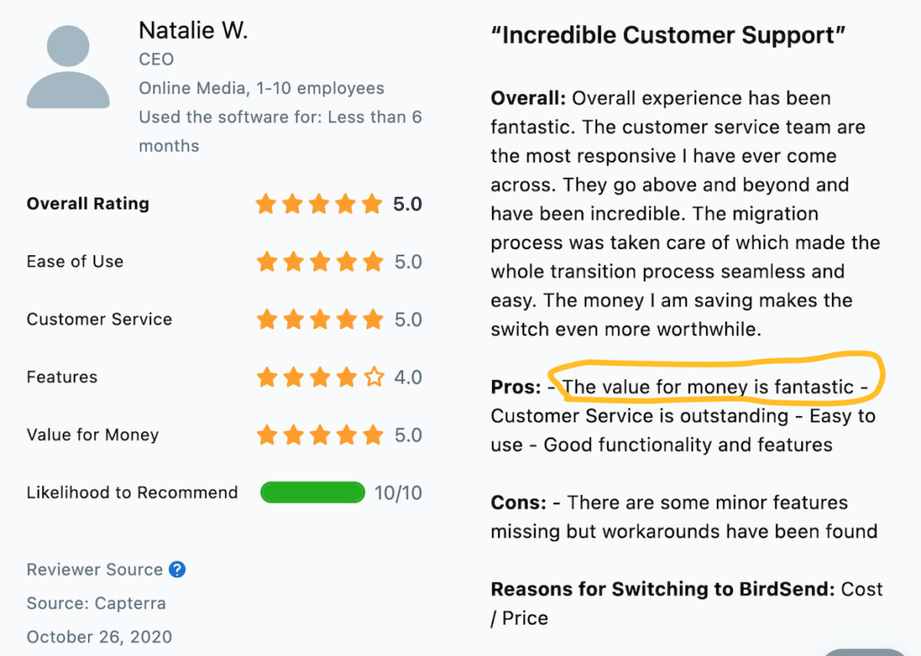 customer review about BirdSend email marketing tool