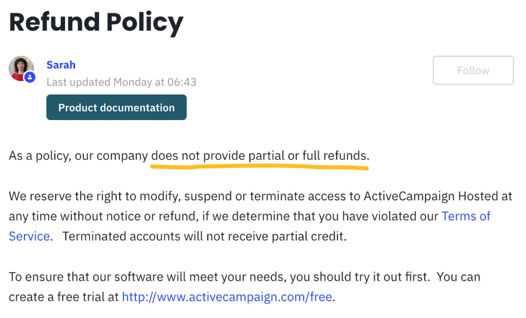 activecampaign does not offer any kind of refunds