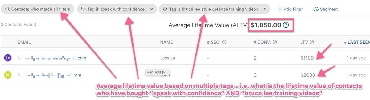 average lifetime value based on multiple tags