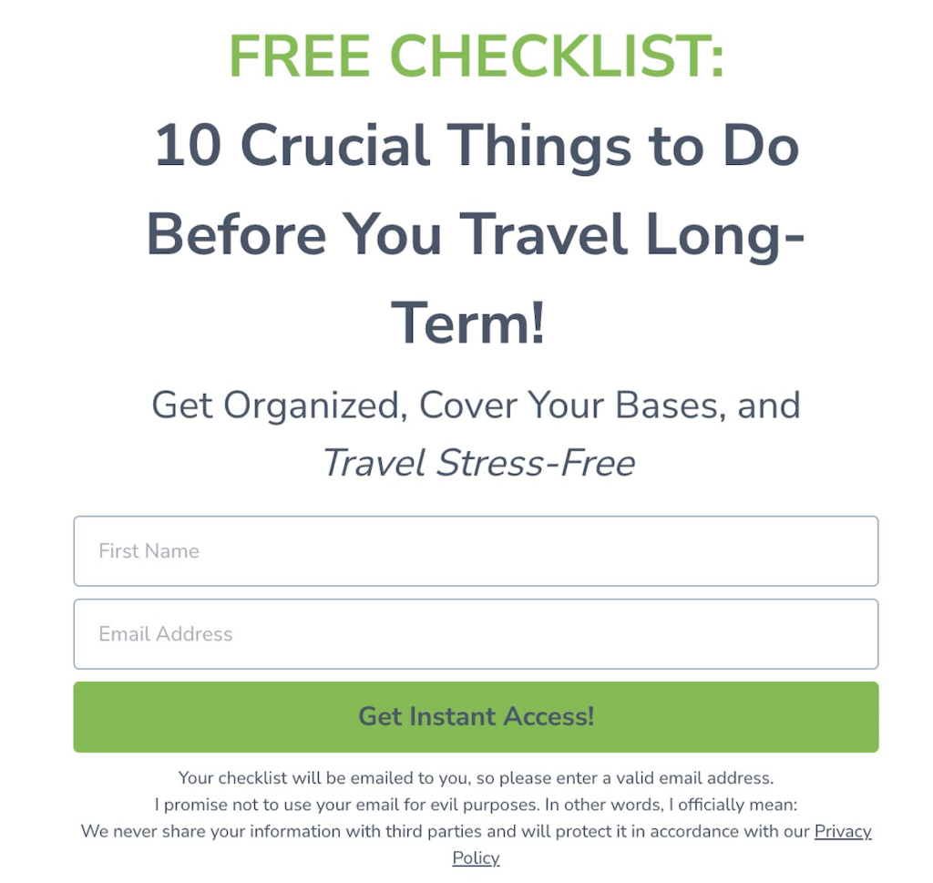 travel checklist lead magnet example