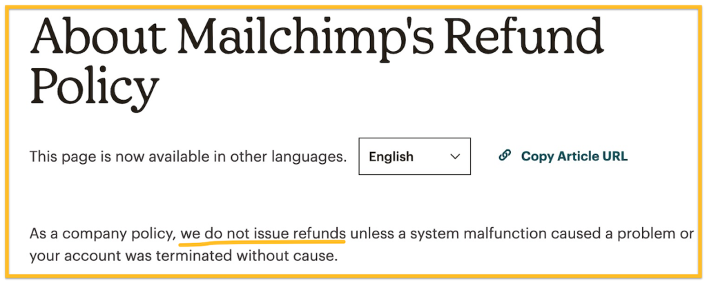 mailchimp does not offer refunds