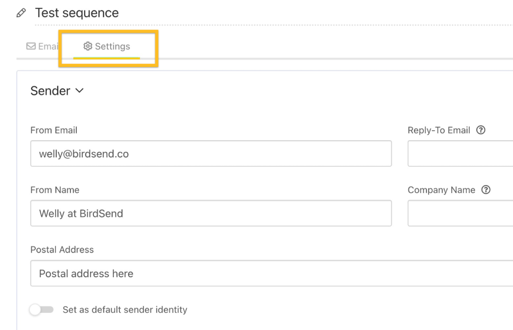 set up sequence step 6 - from name and email address settings