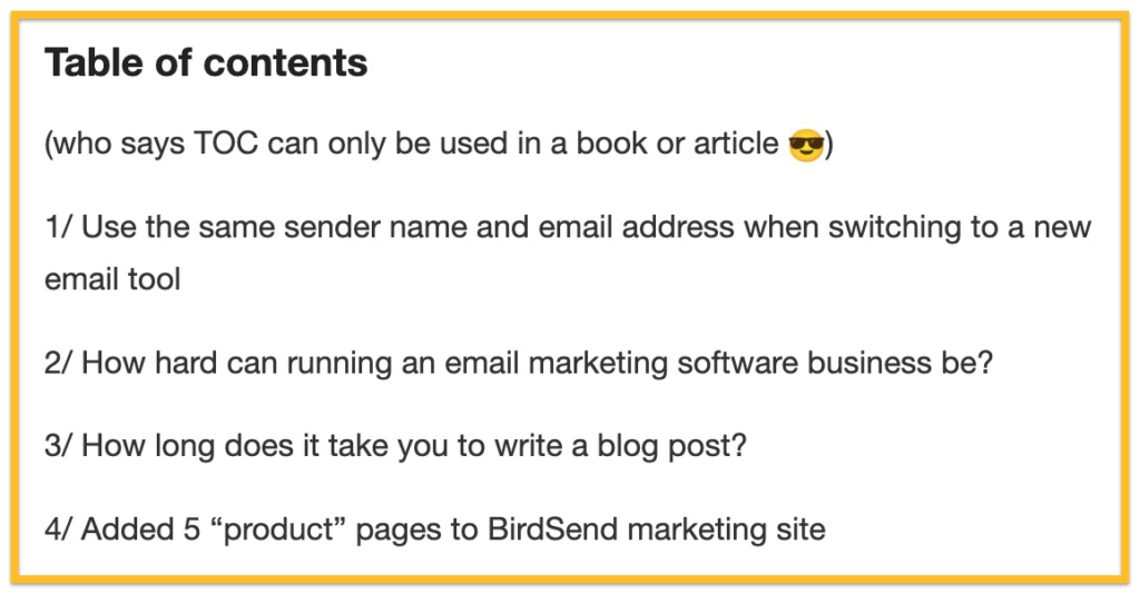 email table of contents make it easy for readers to navigate