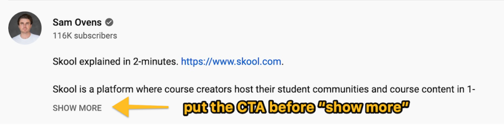 CTA text before show more text in YouTube description